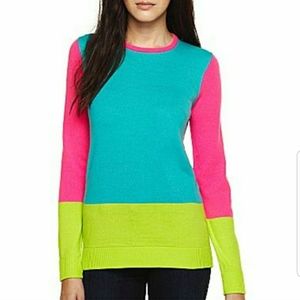 Allen B Neon Colorblock Sweater Pink Teal Green M